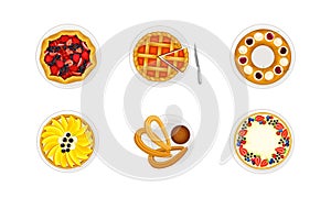 Top view of delicious sweet desserts set. Yummy pies with fruit and berries vector illustration