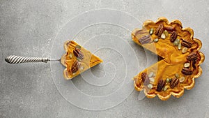 top view delicious thanksgiving pumpkin pie. High quality beautiful photo concept