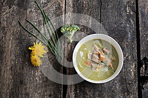 Top view of delicious vegan creamed broccoli soup