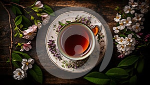 Top View Delightful Coffee with Spring Flowers on Wooden Table