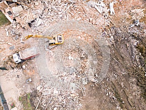 Top view of demolition site. heavy machinery clearing out construction site