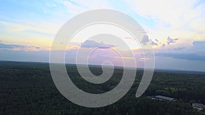 Top view of dense green forest on background horizon with sunset. Clip. Houses and green forest with sunset cloudy sky