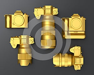 Top view of designer workspace and photography gear on black table background