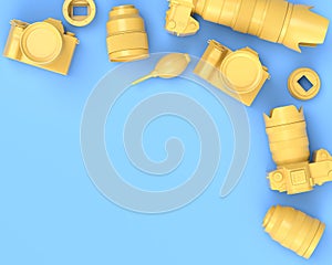 Top view of designer workspace and photography gear on blue table background