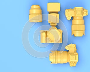 Top view of designer workspace and photography gear on blue table background