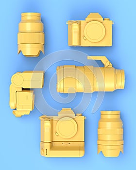 Top view of designer workspace and photography gear on blue table background