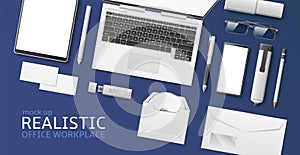 Top view desk banner. Realistic office workplace. White gadgets. Devices and stationery mockup. Visit cards. Tablet or