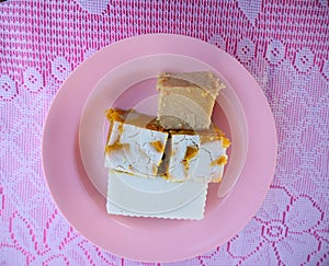 Top view dessert, Mok Taeng Thai style dessert, Thai food, local wisdom in a pink dish, healthy