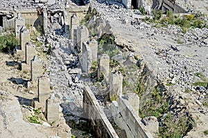 Top view of the destroyed Foundation of a large concrete building to be disposed of for a new construction project