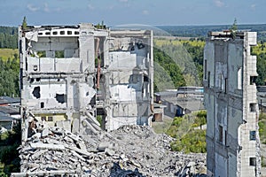 Top view of the destroyed Foundation of a large concrete building to be disposed of for a new construction project