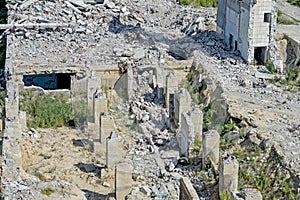 Top view of the destroyed Foundation of a large concrete building to be disposed of for a new construction project