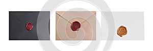 Top view of different envelopes with wax seals on white background, collage. Banner design