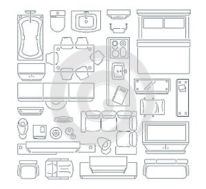 Top view of different furniture set for layout of the apartment. Vector mono line pictures set