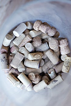 Top view of different kinds of plenty wine corks in big glass pot, stylish monochromatic background.