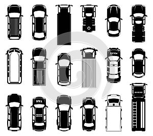 Top view of different roof cars on the road. Black vector icons of automobiles