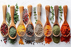 Top view of different spices in spoons on a white background