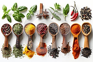 Top view of different spices in spoons on a white background