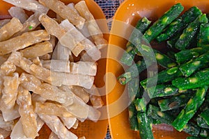 Top view of Different types, assorted Tasty oriental sweets Turkish delight lokum with powdered sugar. texture, background,