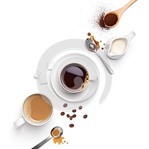 Top view of different types of coffee and ingredients