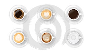 Top view at different white coffee cups on plates. Realistic vector illustration of various hot coffee drinks mugs -