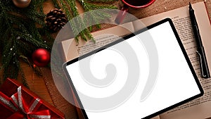 Top view, Digital laptop computer mockup Christmas theme