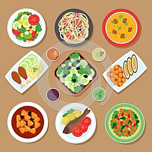 Top view dinner table with european dishes and japanese cuisine meal. Cartoon food vector set isolated