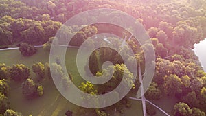 Top view dirt paths in the park in summer. Green trees, glades, lakes