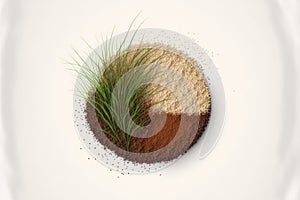 Top view of dirt, soil dust, and dried grass on a white background