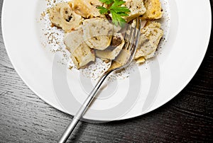 Top of view of dish of italian swivels pasta with porcini mushrooms and sauce bechamel with pepper near fork