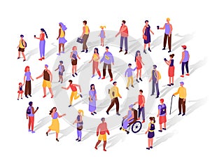 Top view diverse isometric people. Minimal flat human characters group, simple crowd isolated vector illustration set