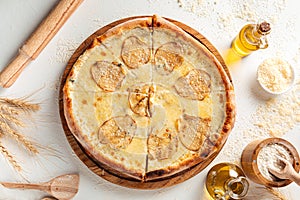 Top view on dorblu cheese pizza with pears