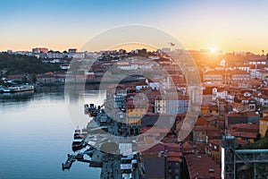 Top view of the Douro river and Ribeira rooftops from Dom Luis I bridge, Porto