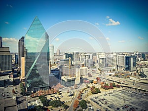 Top view downtown Dallas with skylines and colorful leaves on su