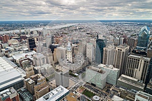 Top View of Downtown Skyline Philadelphia USA and City Hall. Philadelphia City Center, Pennsylvania. Business Financial District