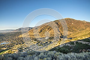 Top view of Draper City in Utah with a clear blue sky background