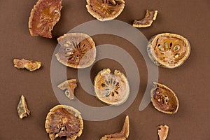 top view dried bael fruit matum slices