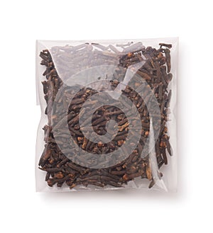 Top view of dried cloves in plastic bag