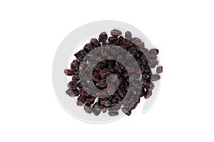 Top view dried raisins isolate on white background