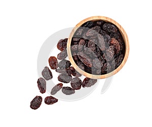 Top view of dried raisins isolated on white background