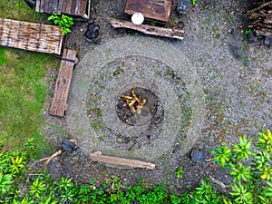 Top view from drone of campground and campfires for rural tourism. Ecotourism concept