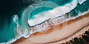 Top view from drone photo of beautiful beach with relaxing sunlight, Sea water waves pounding the sand at the shore. Calmness and