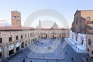 Top view from the drone of the Piazza Maggiore in the city of Bologna at sunset. Best city in Italy Europe in 2022. Wonderful