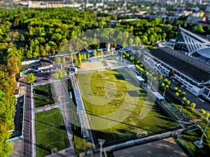 Top view from the drone to the sports grounds, football field