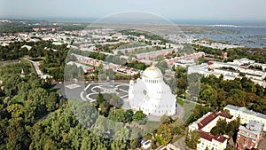 Top view drone from Yakornaya Square onThe Naval cathedral of Saint Nicholas in Kronstadt is a Russian Orthodox