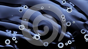 Top view of drops falling into water surface and diverging circles in slow motion. Design. Bubbles of air or drops and