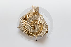 Top view of dry golden leaf on white background