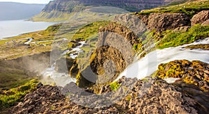 Top View of Dynjandifoss Dynjandi Waterfall, jewels of the Westfjords, Iceland. The biggest waterfall in Westfjords