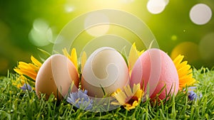 Top view Easter background with eggs, spring flowers, art