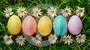 Top view Easter background with eggs, spring flowers, art