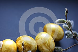 Top view easter composition with willow branch and eggs.